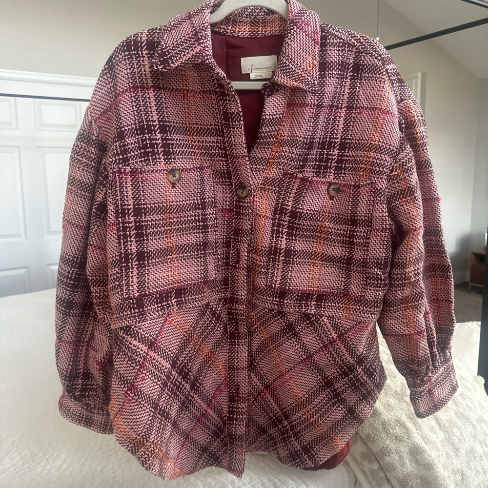 Anthropologie Plaid Utility Jacket in Pink and Red